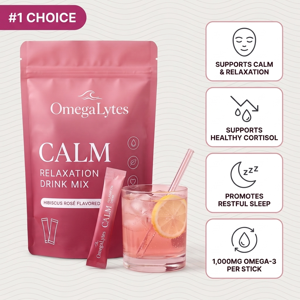 OmegaLytes Calm Hibiscus Rosé pouch, sachet and rosé drink — #1 choice, supports calm, cortisol, sleep, 1,000mg omega-3